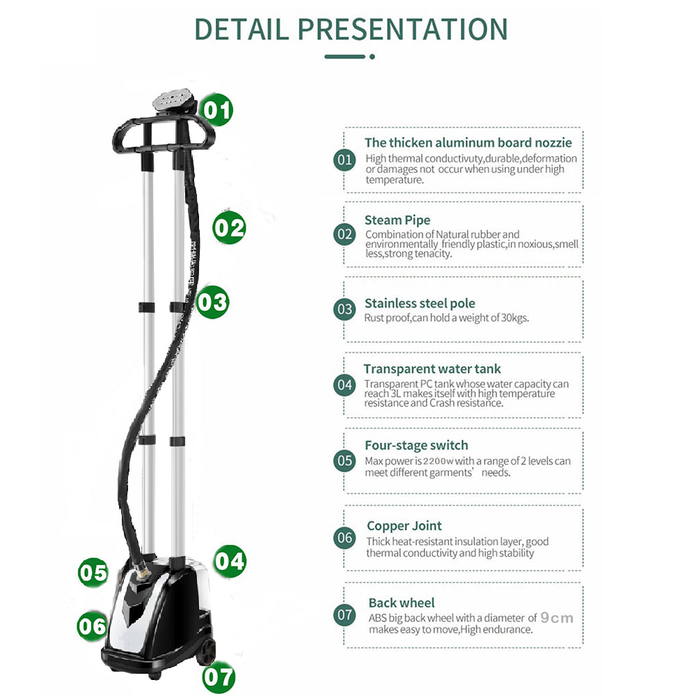 Dollcini Full Copper Garment Steamer 2200W – 35 L Tank, 10-Hole Steam Head, Black