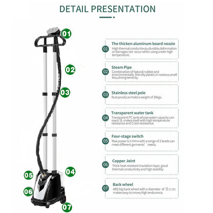 Dollcini Full Copper Garment Steamer 2200W – 35 L Tank, 10-Hole Steam Head, Black