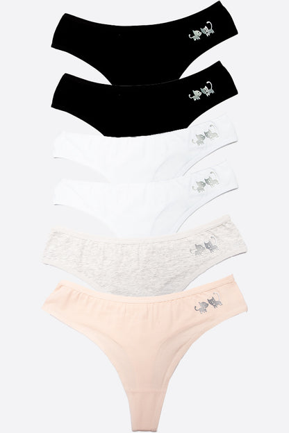 Dollcini, Chiloți tanga damă, Chiloți damă cu model pisică, 95% bumbac + spandex, Multicolor, Pachet de 6 bucăți