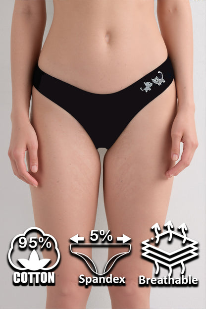 Dollcini, Chiloți tanga damă, Chiloți damă cu model pisică, 95% bumbac + spandex, Multicolor, Pachet de 6 bucăți